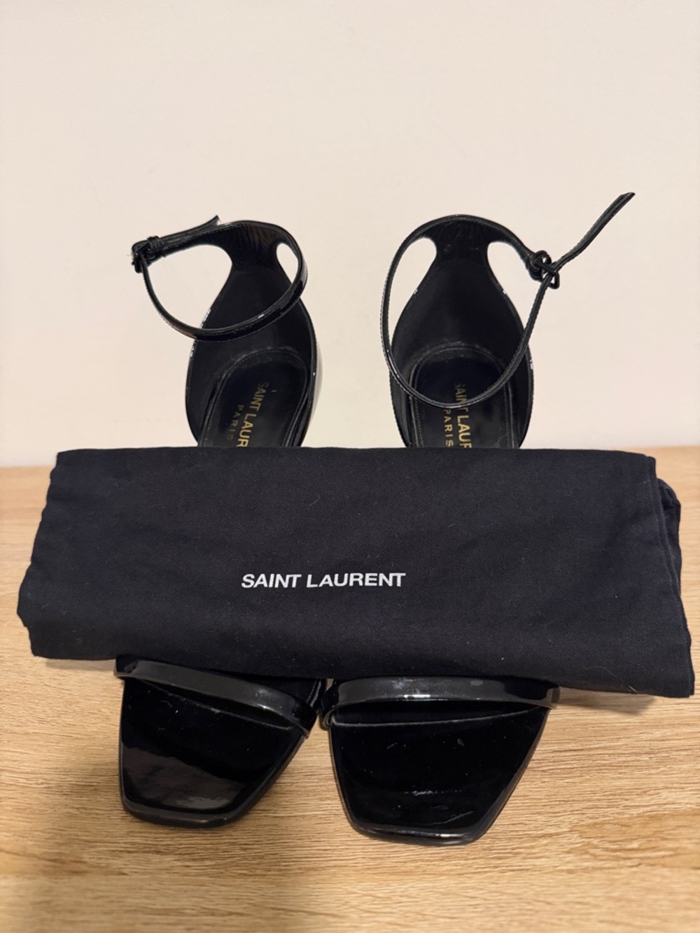 Saint Laurent Black Patent YSL Logo Stiletto Sandals with Ankle Strap - Picture 6 of 6